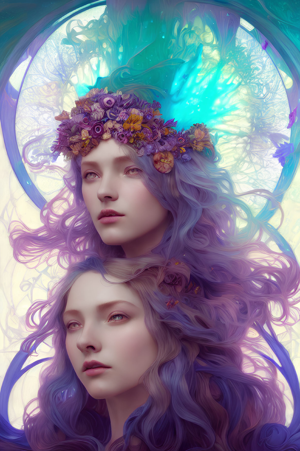 Ethereal women with lilac hair and floral crowns in mystical setting