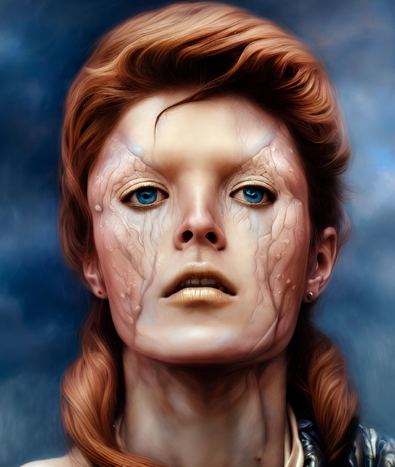 Digital artwork: Woman with blue eyes, marble skin, red hair, and golden lips on blue cloudy
