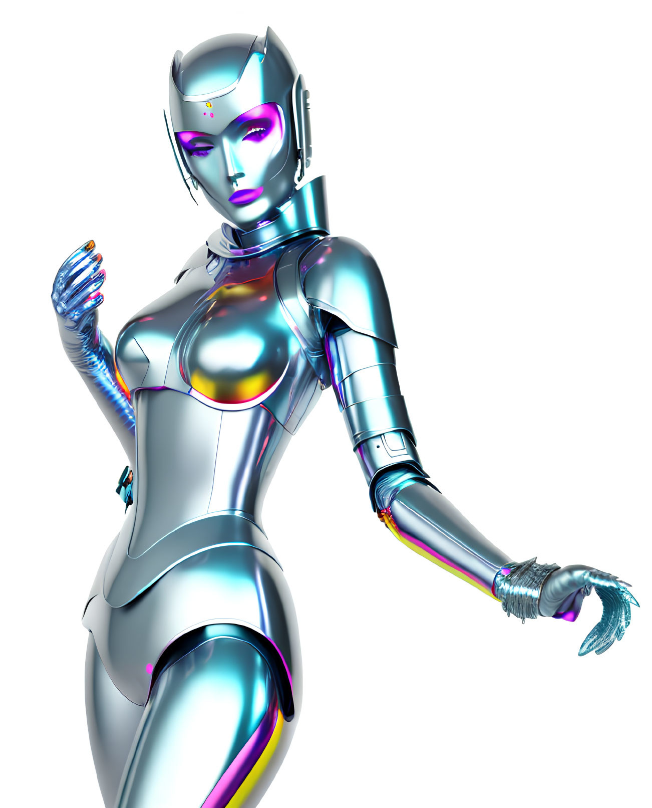 Iridescent metallic humanoid robot with feminine form on white backdrop