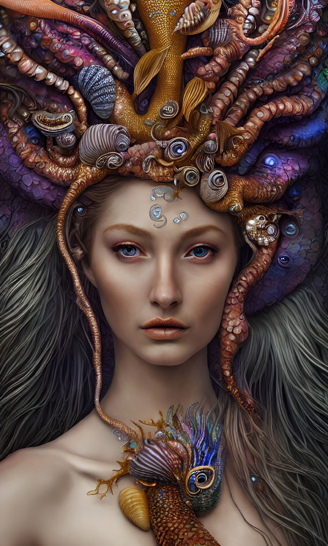 Woman with Blue Eyes Wearing Sea Creature Headpiece
