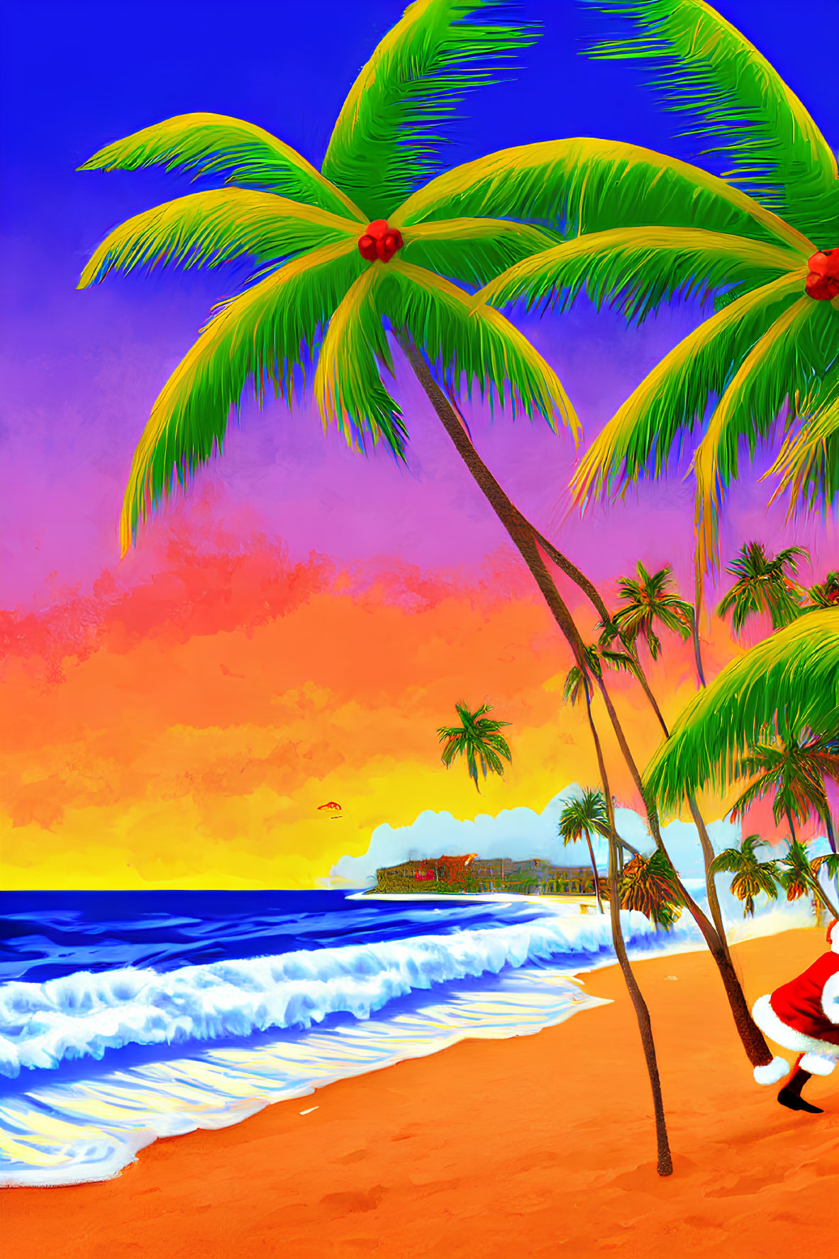 Santa Claus on Tropical Beach with Palm Trees and Sunset Sky