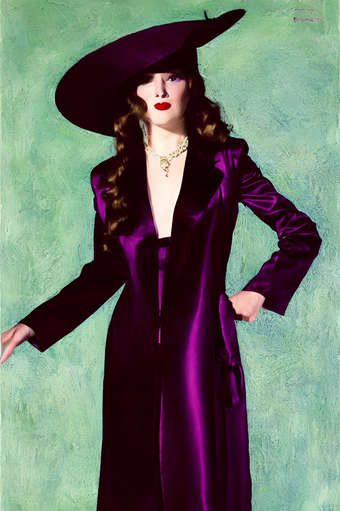 Elegant Woman in Purple Coat and Wide-Brimmed Hat on Green Background