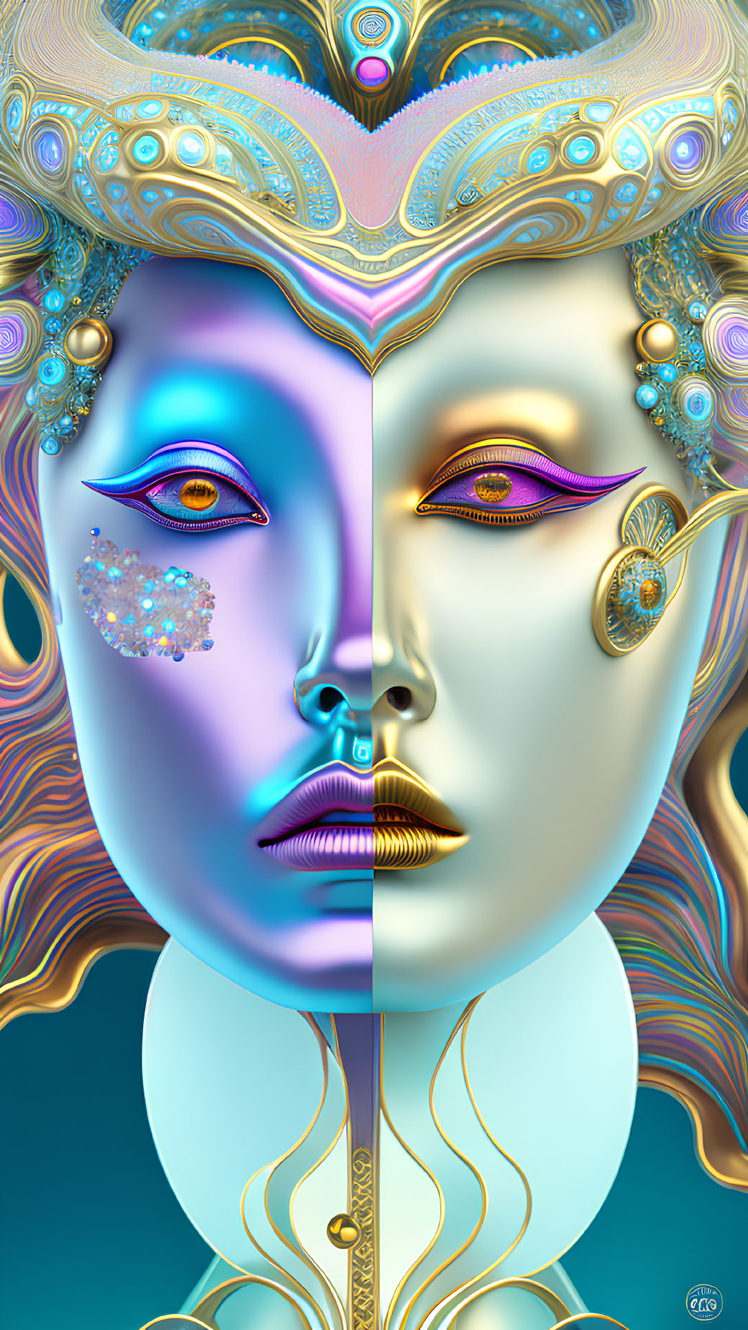 Symmetrical Multicolored Face with Intricate Ornaments