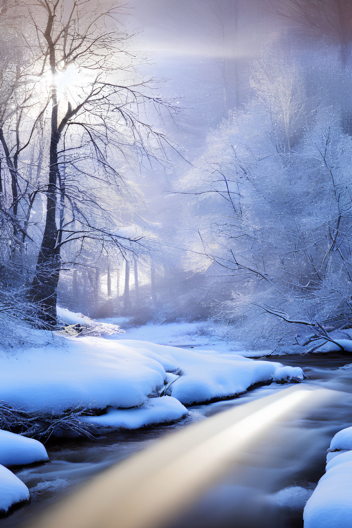 Snowy Landscape with Stream and Sunlit Misty Trees