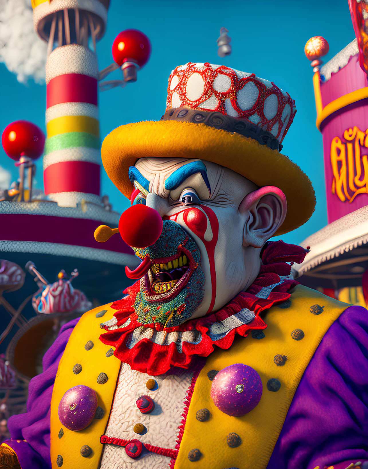 Vibrant 3D clown rendering in circus setting