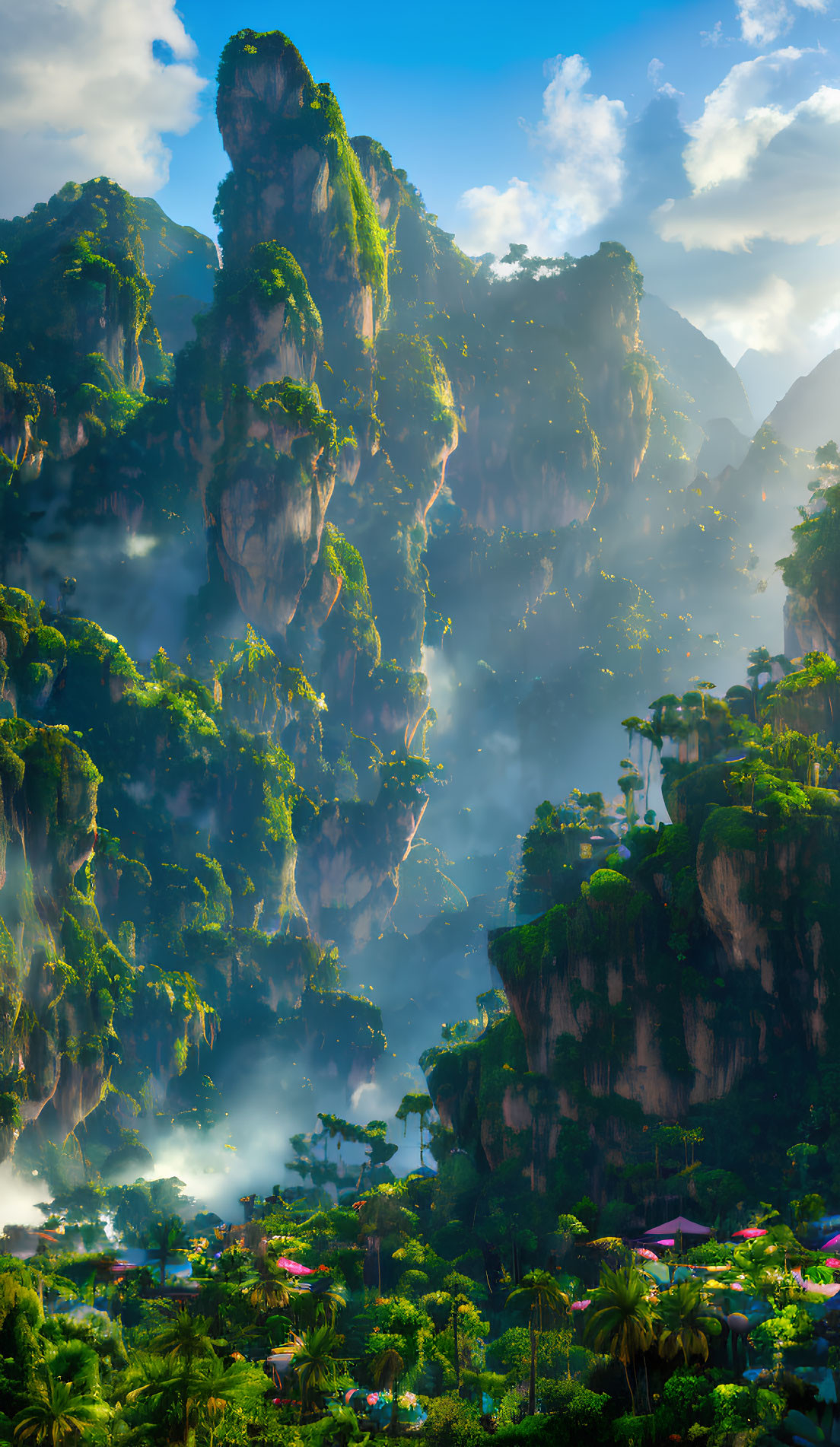 Verdant cliffs in mist above lush jungle in soft light