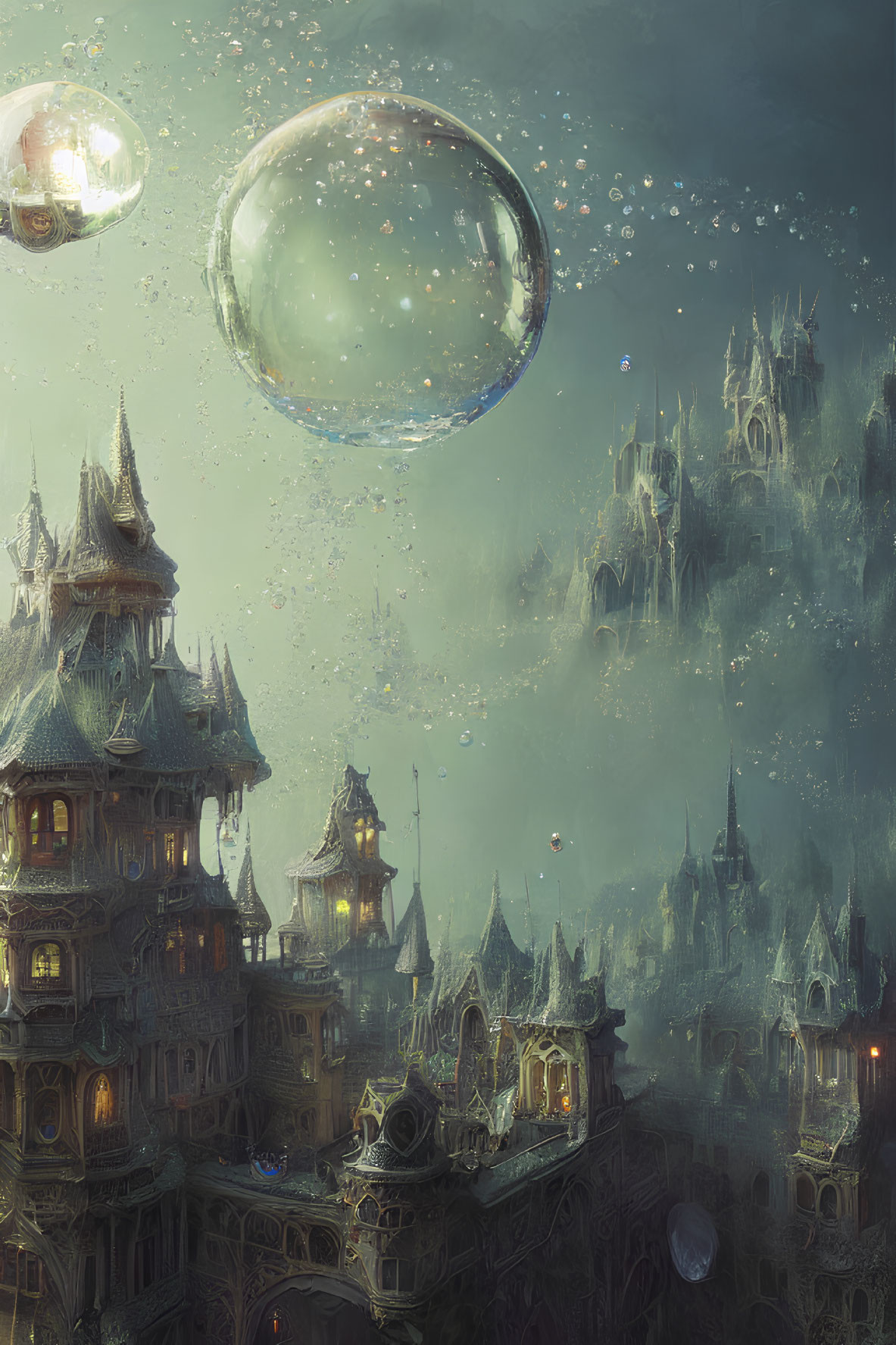 Fantastical Cityscape with Floating Bubbles and Illuminated Towers