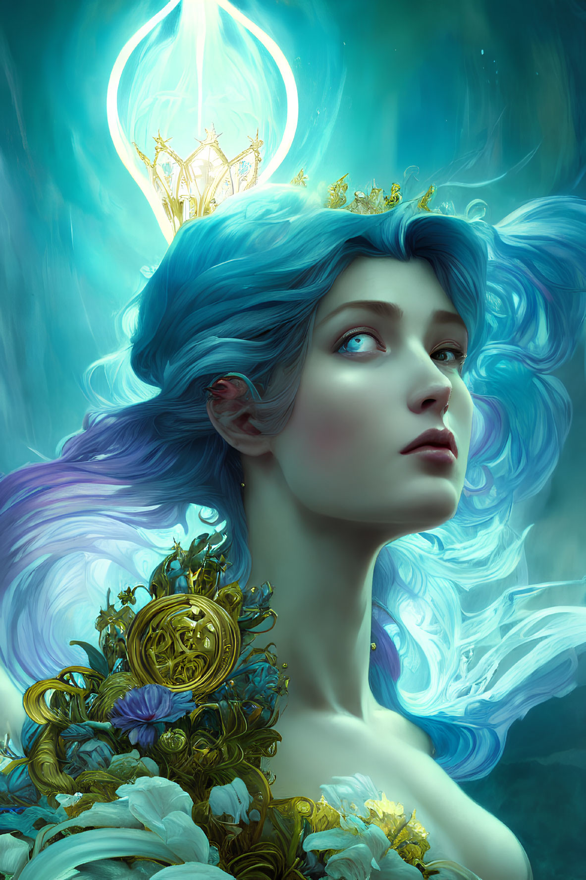Surreal portrait of woman with blue hair and crown in mystical setting