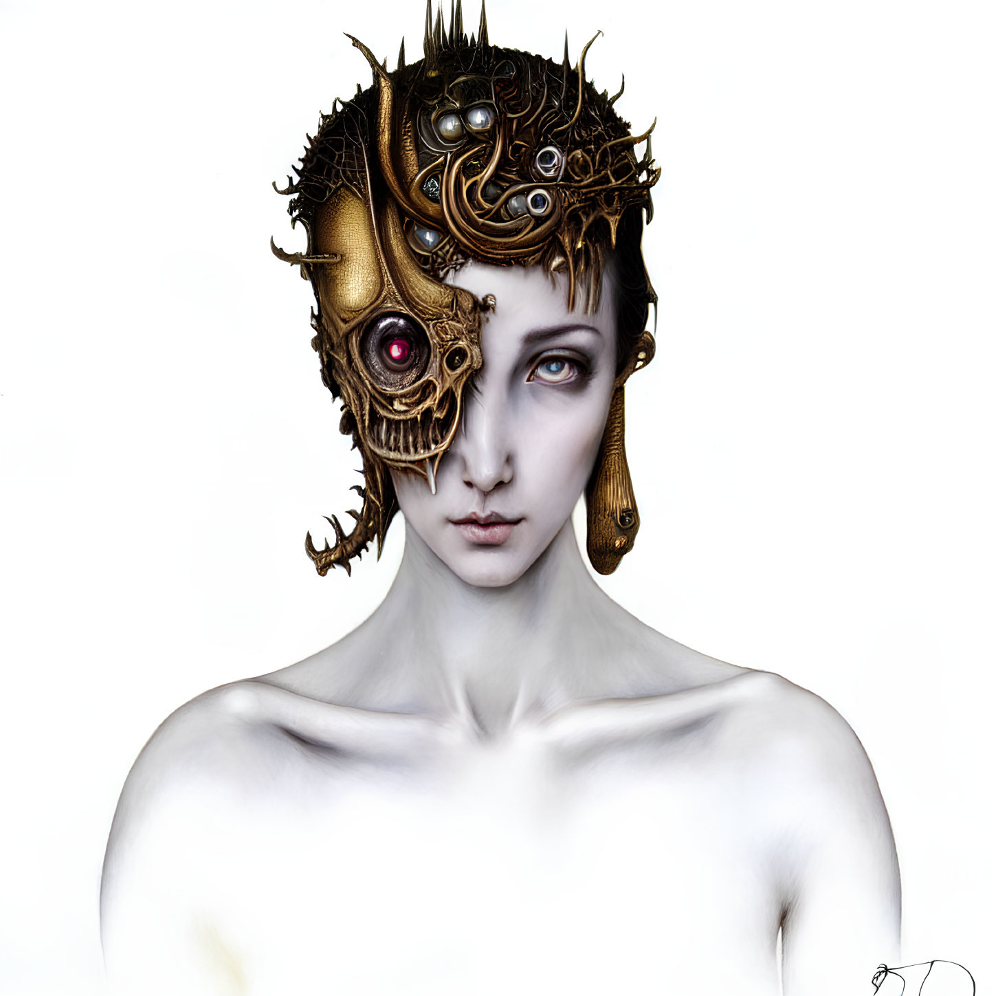 Detailed mechanical prosthetic mask on person with pale skin and short hair