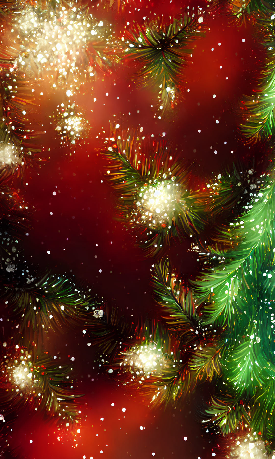 Snowflakes and Pine Branches on Red Background for Festive Holiday Atmosphere