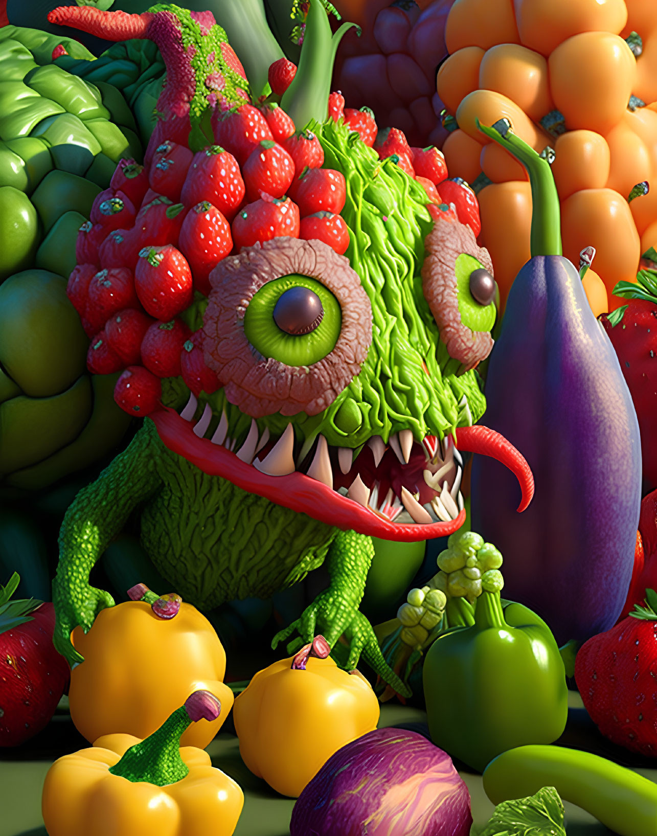 Vibrant creature with fruit and vegetable features in produce setting