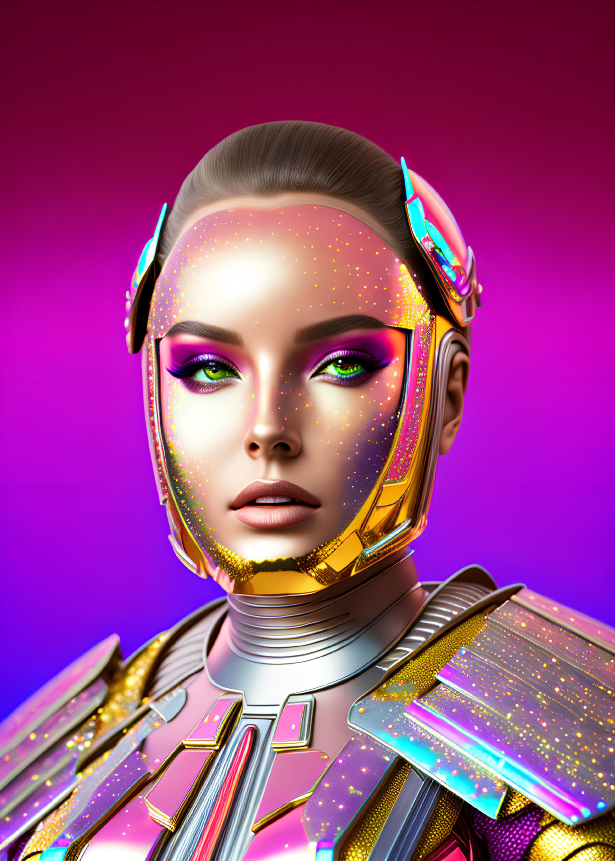 Futuristic female figure with glowing skin and vibrant eyeshadow