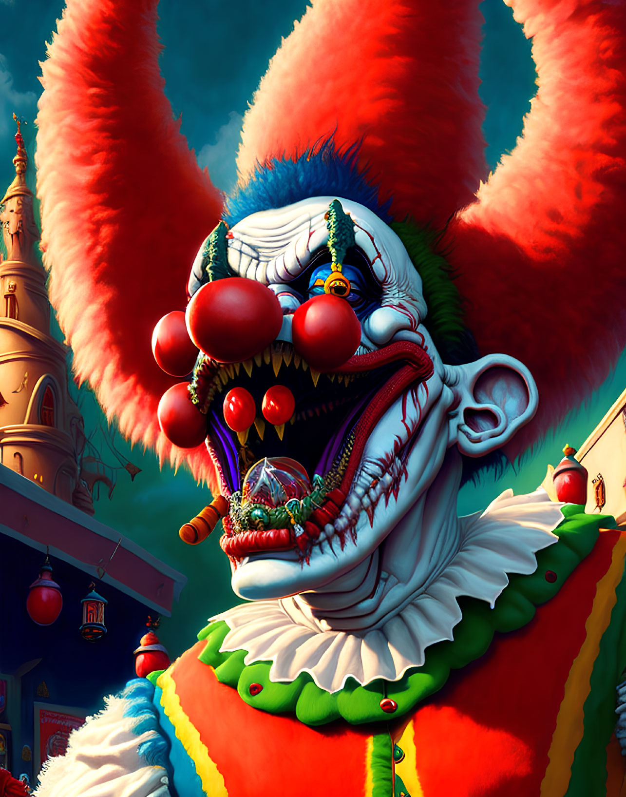 Detailed Illustration of Menacing Clown in Ornate Costume