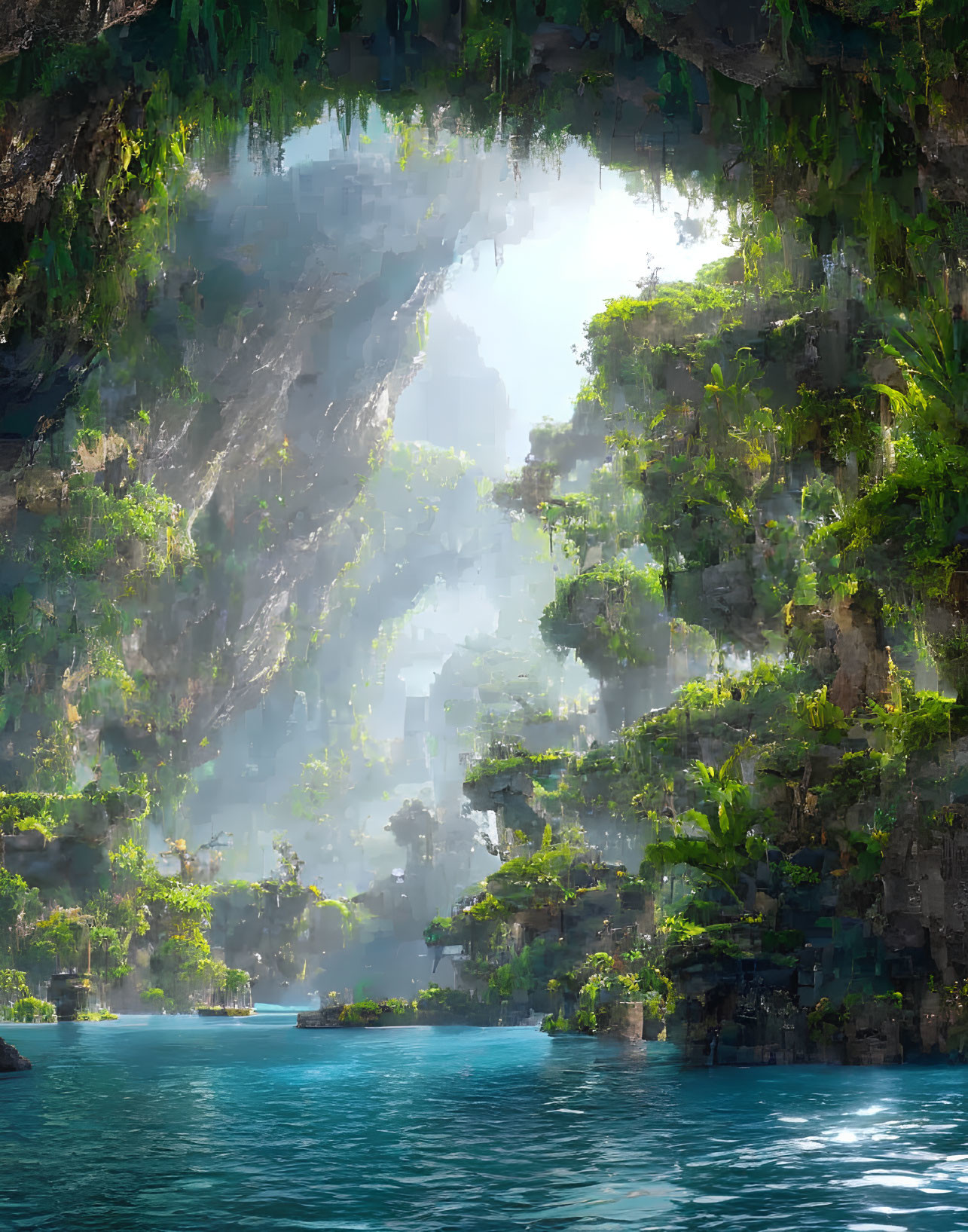 Tranquil cave opening with sunlight, lush greenery, and blue water
