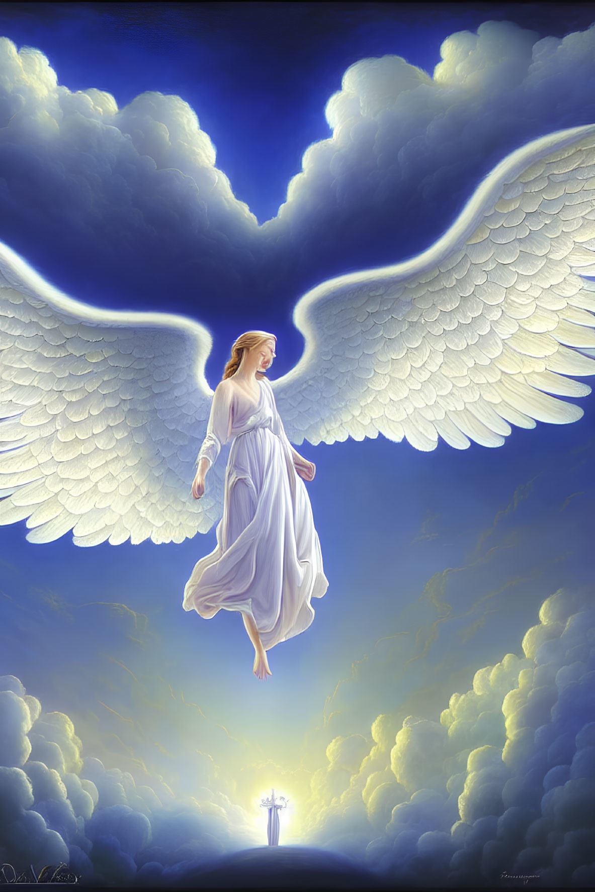Angel with white wings descending to divine sword in sky