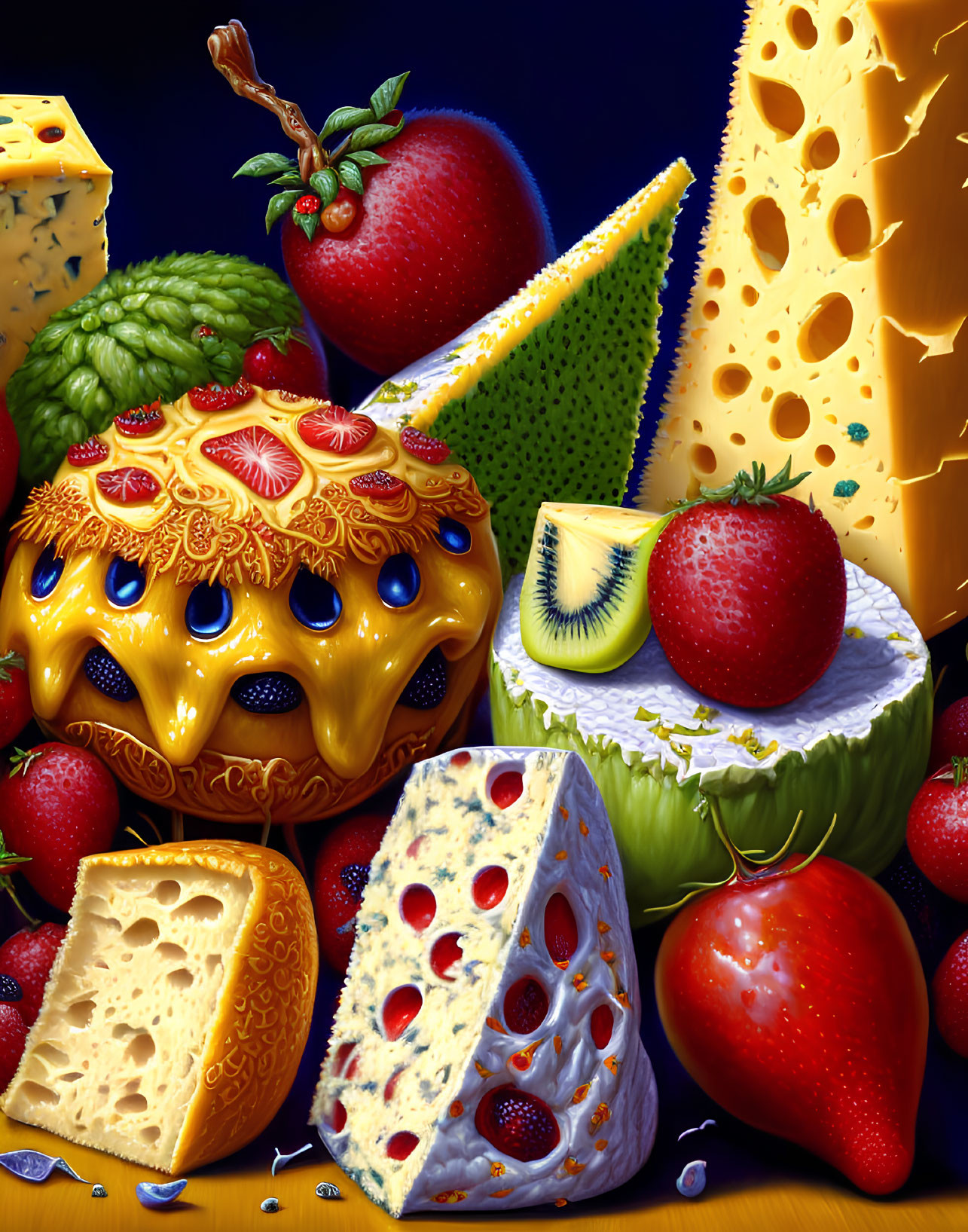 Colorful Cheese and Fruit Still-Life with Hyper-Realistic Details