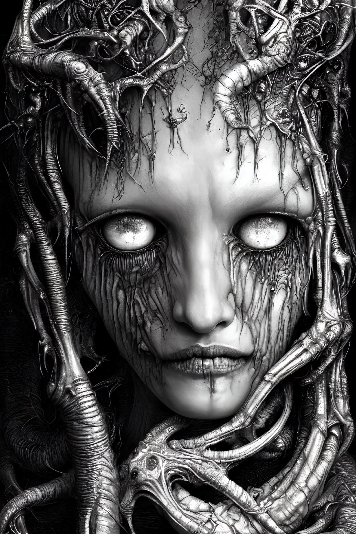 Monochrome art: Humanoid face entwined with tree-like structures