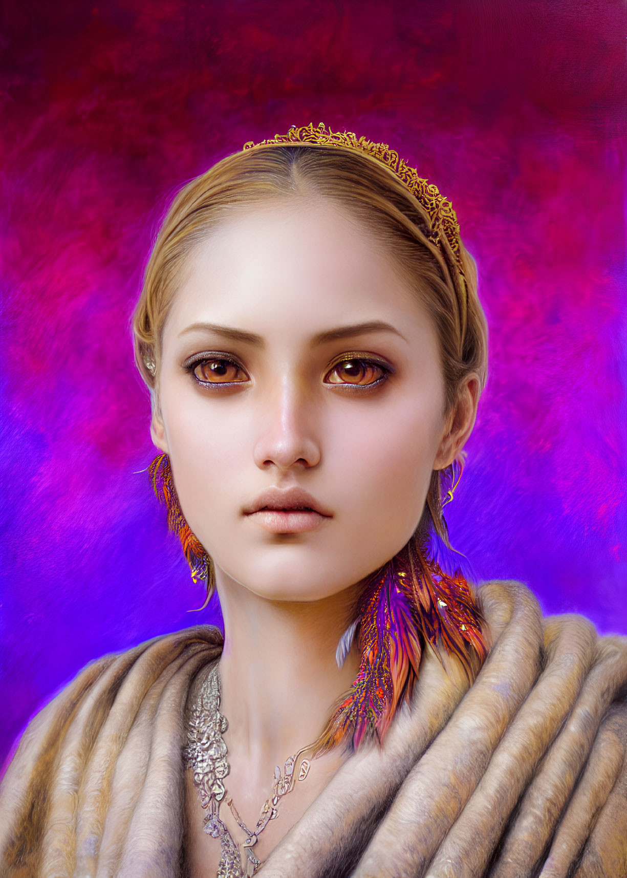 Digital painting of young woman with gold crown, brown eyes, feather earrings, and fur wrap on purple