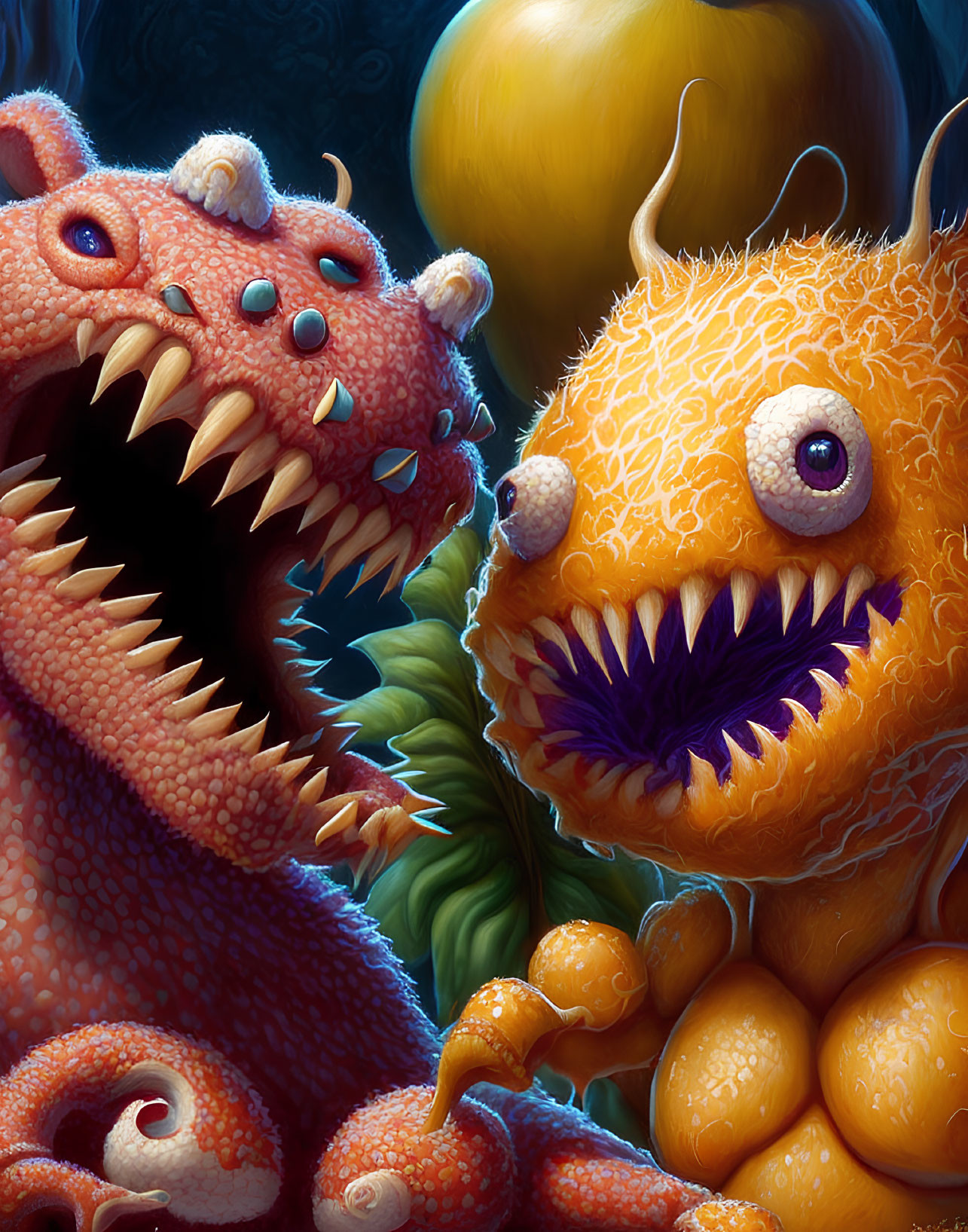 Colorful Cartoonish Monsters with Large Eyes and Teeth on Dark Background