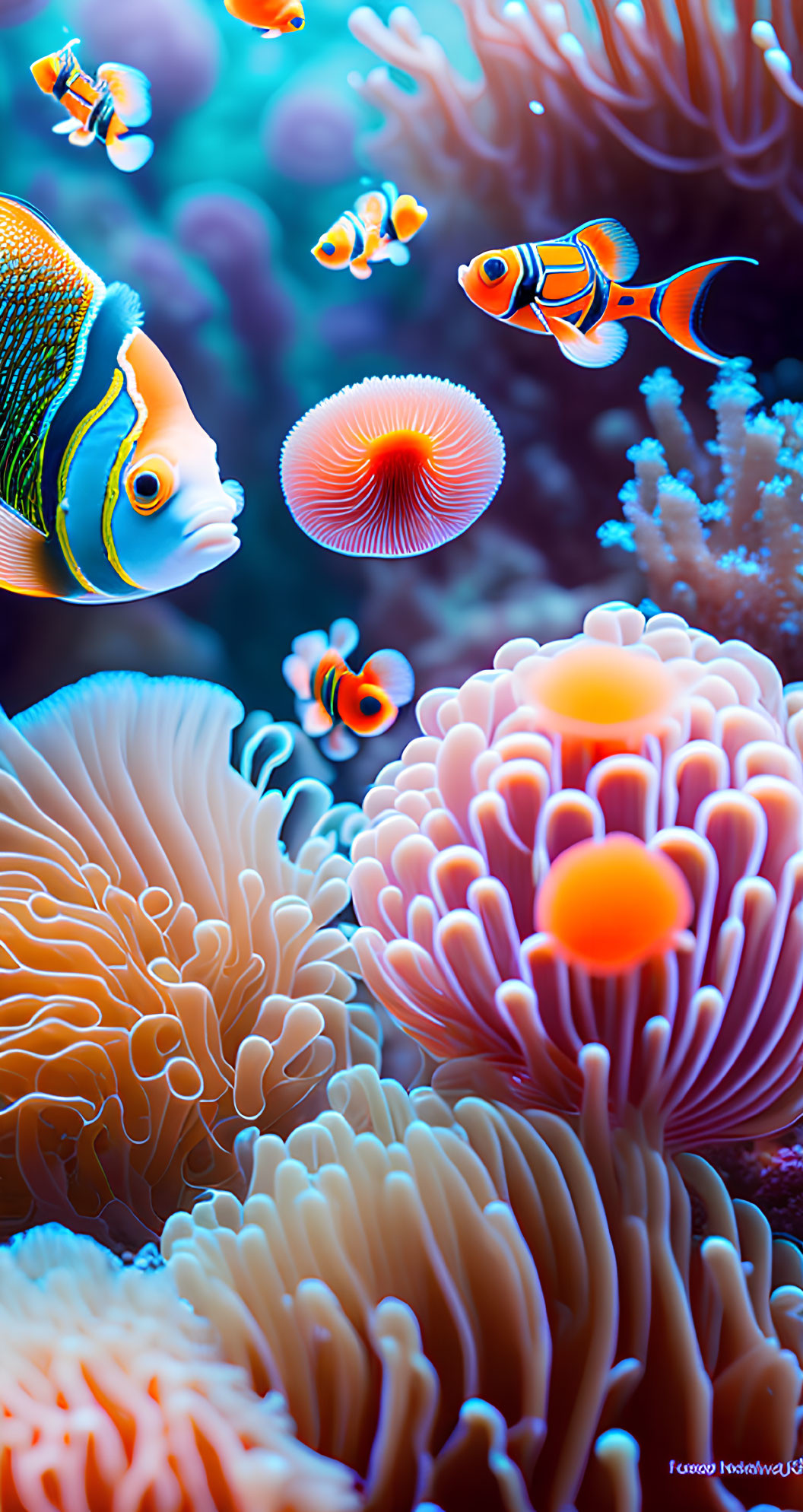 Colorful Clownfish Among Coral and Anemones in Vibrant Underwater Scene