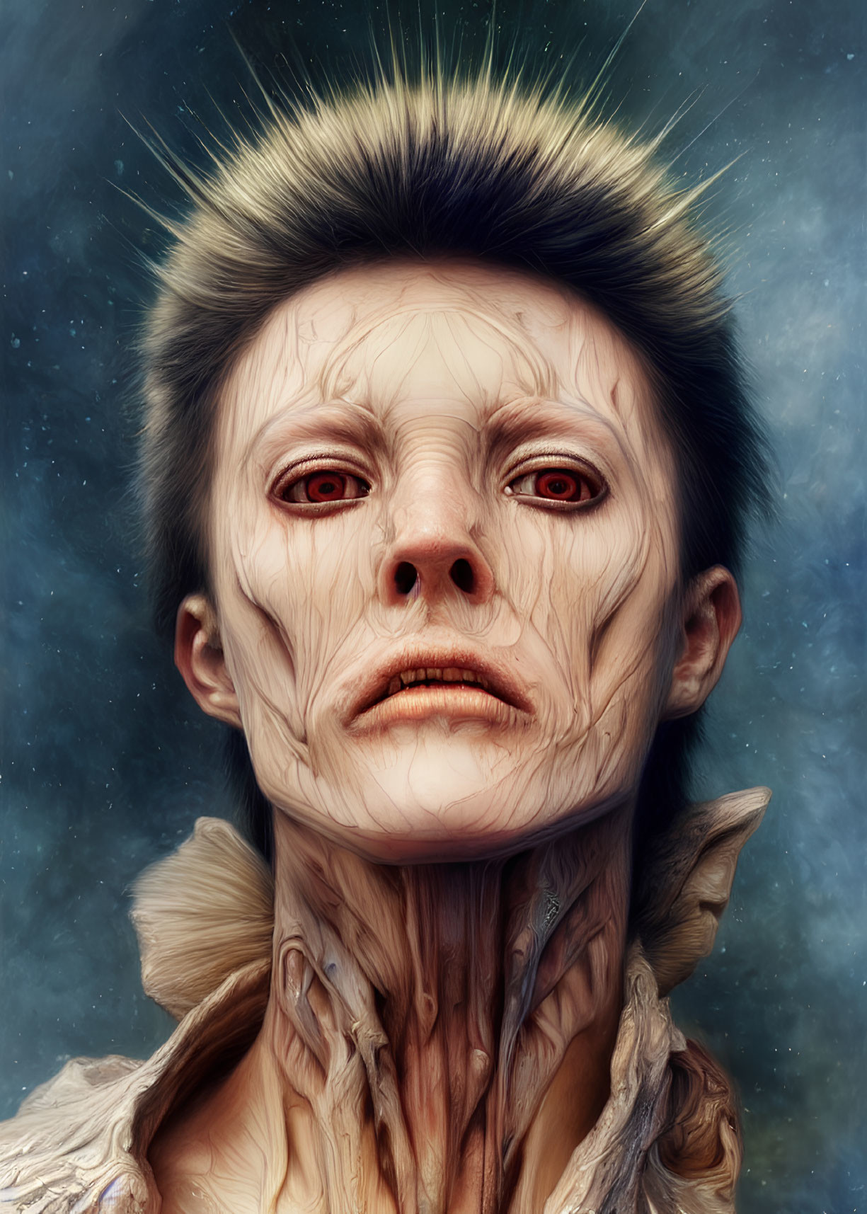 Digital artwork featuring humanoid figure with pale complexion and red eyes against cosmic backdrop
