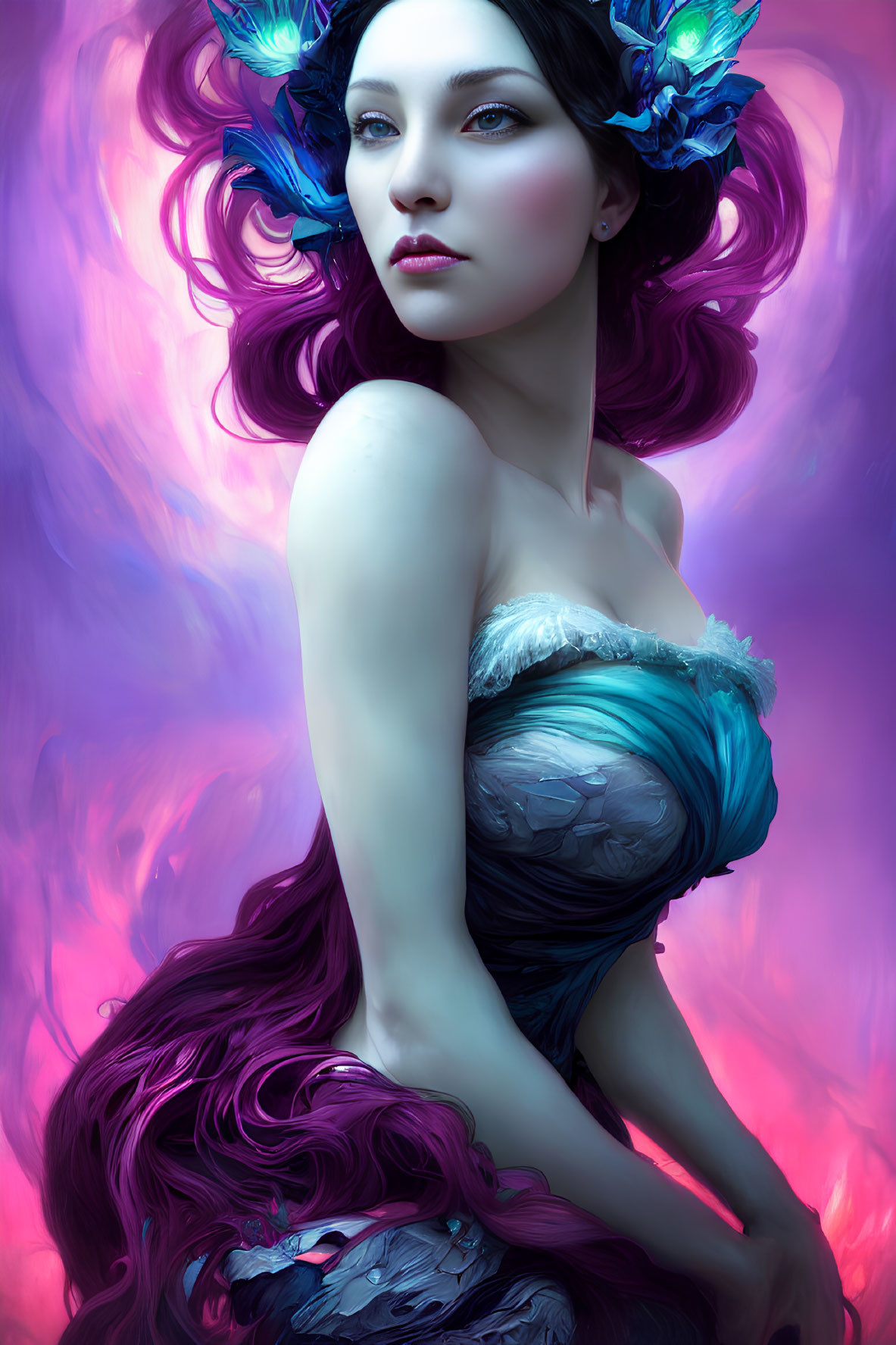 Fantastical Woman in Striking Violet and Blue Tones with Flowing Hair and Feathers