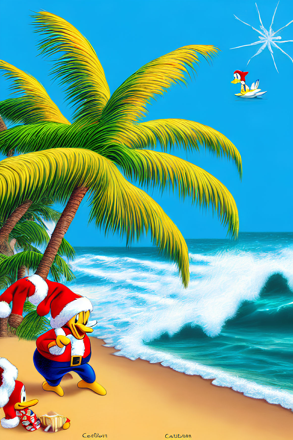 Cartoon character in Santa outfit on sunny beach with palm tree, star, and bird.