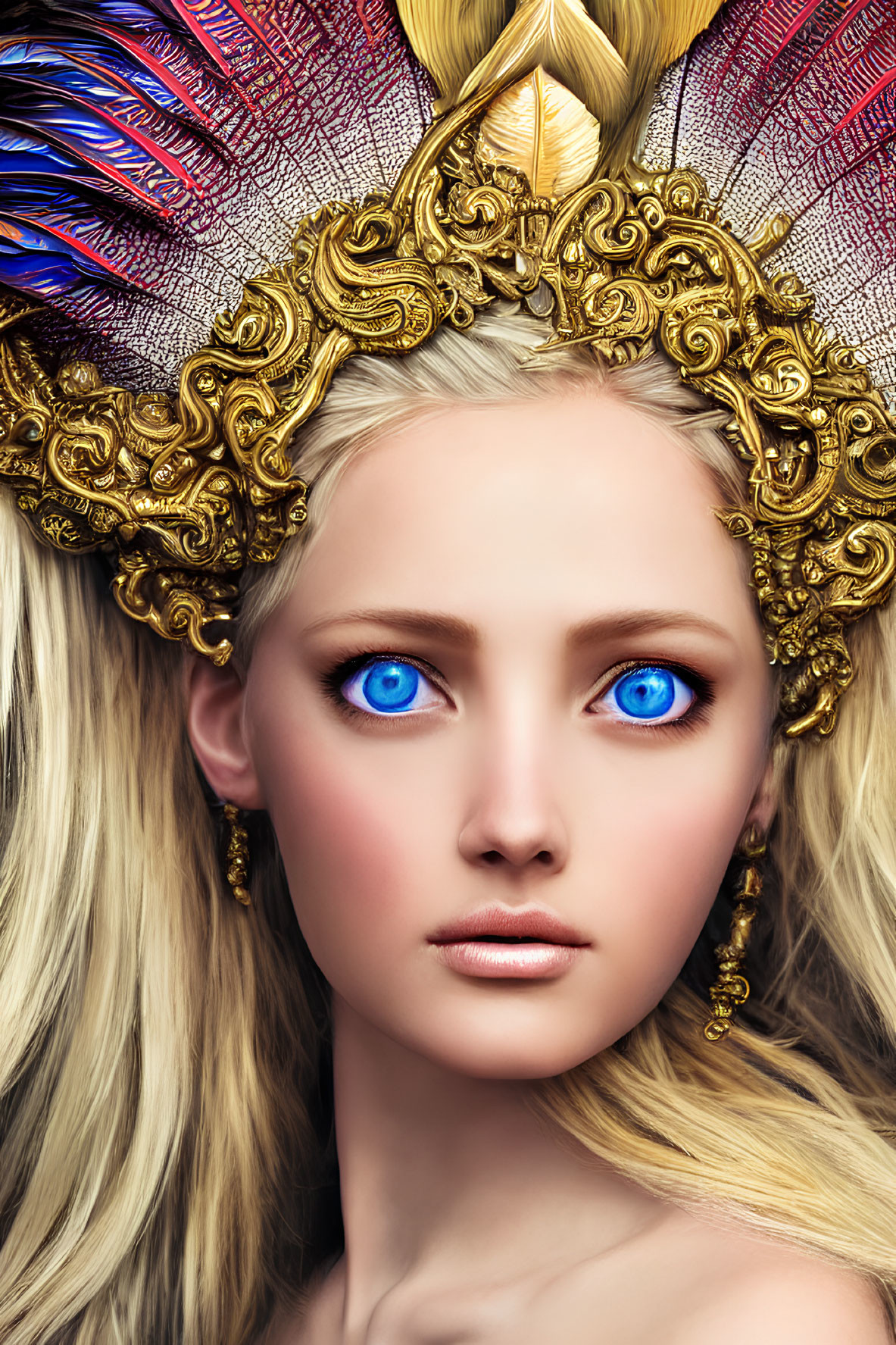 Digital portrait of woman with blue eyes, blonde hair, and ornate golden headpiece
