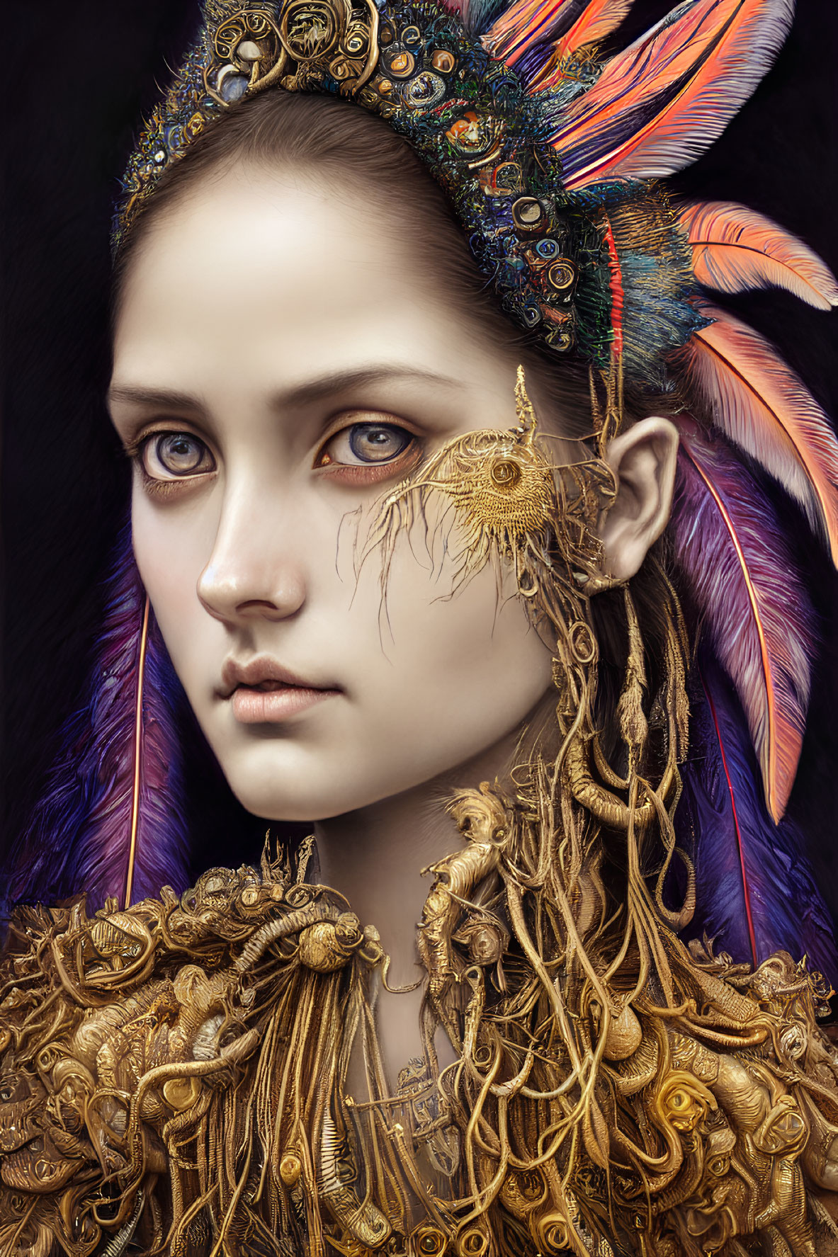 Portrait of Woman with Ornate Gold Jewelry and Feathered Headdress