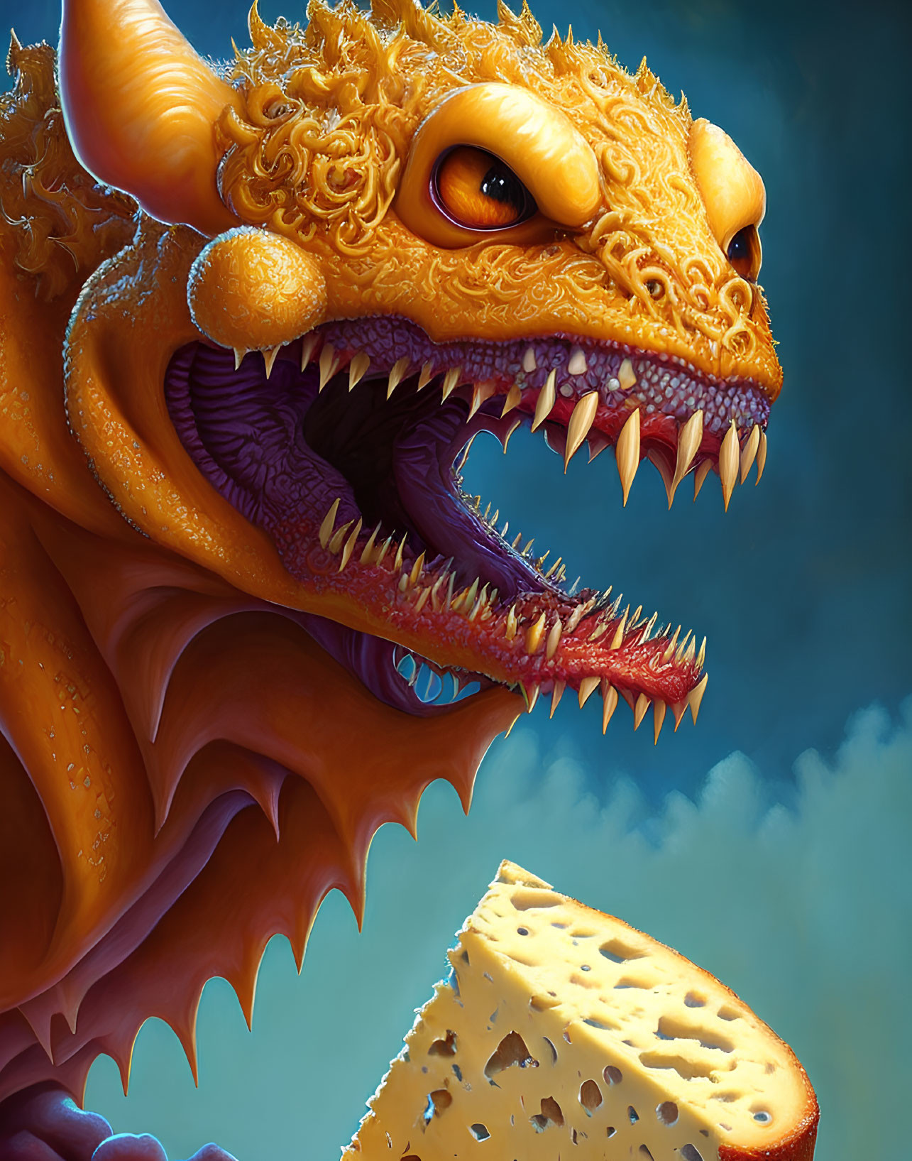 Yellow dragon with ornate horns and sharp teeth eyeing Swiss cheese on blue background