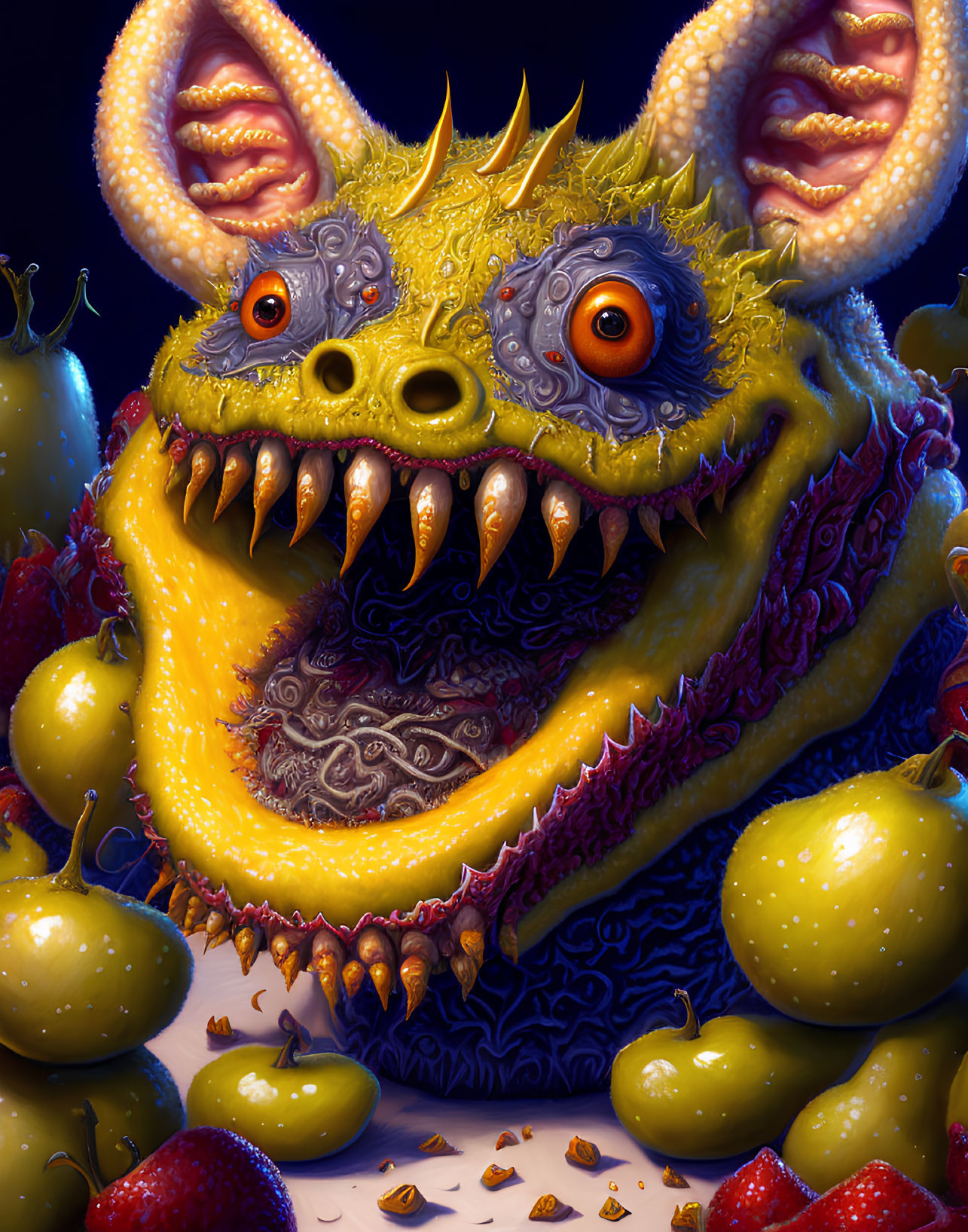 Colorful digital artwork of whimsical creature with orange eyes, yellow fur, sharp teeth, mouse-like