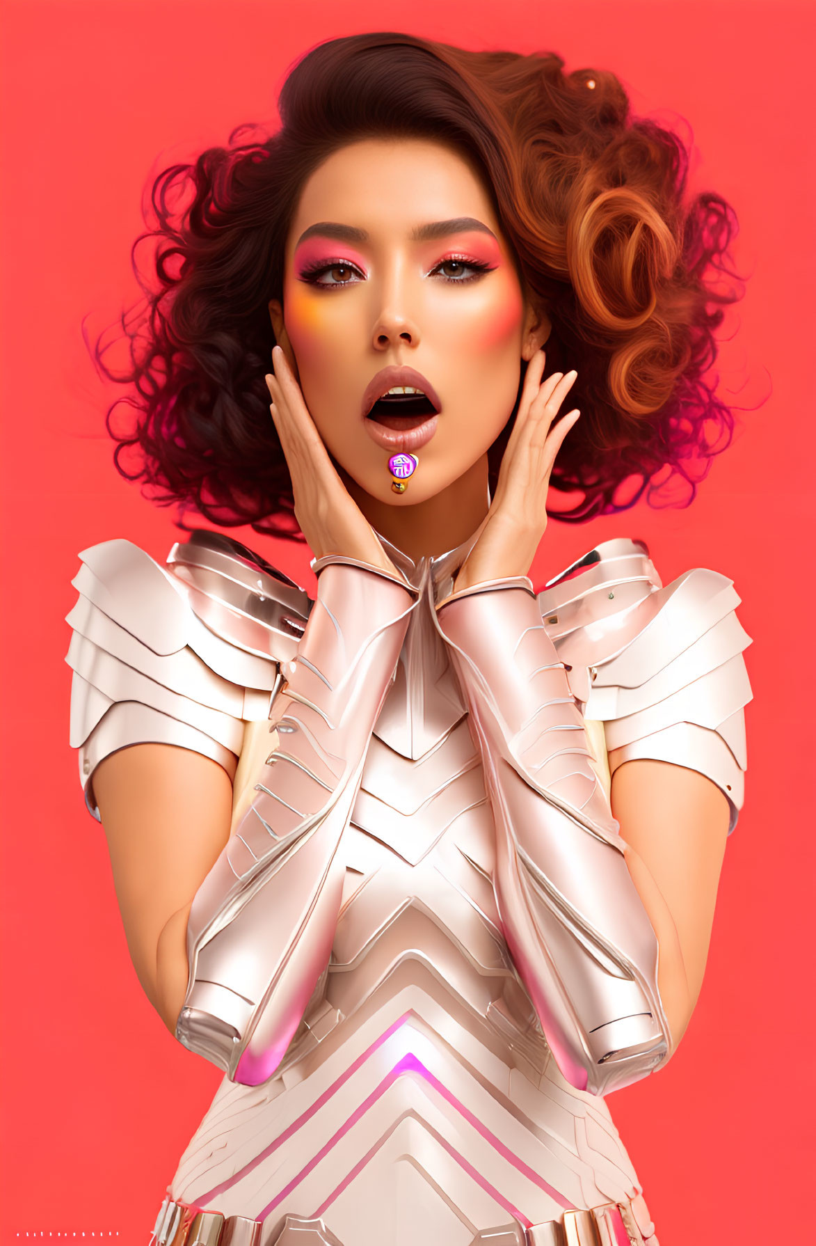 Portrait of a person with curled hair and dramatic makeup in futuristic white armor on pink background