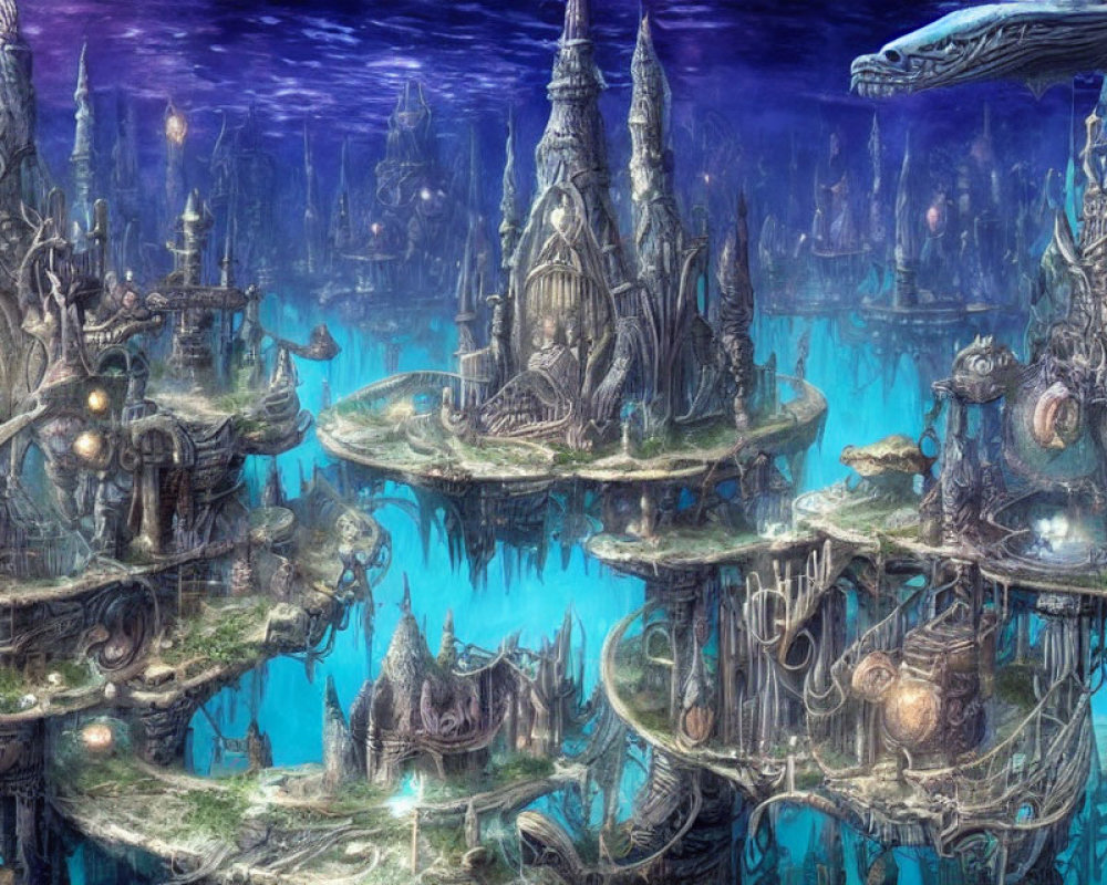 Fantasy underwater city with towering structures and floating islands