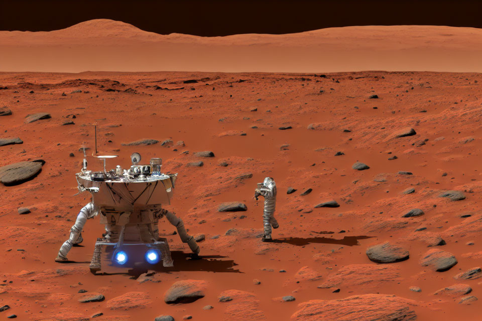 Robotic rover and humanoid robot on rocky Martian surface