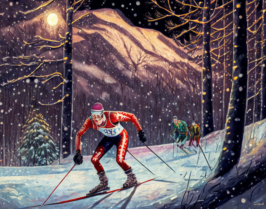 Red-suited skier leads group through snowy forest trail with mountains in dusk sky