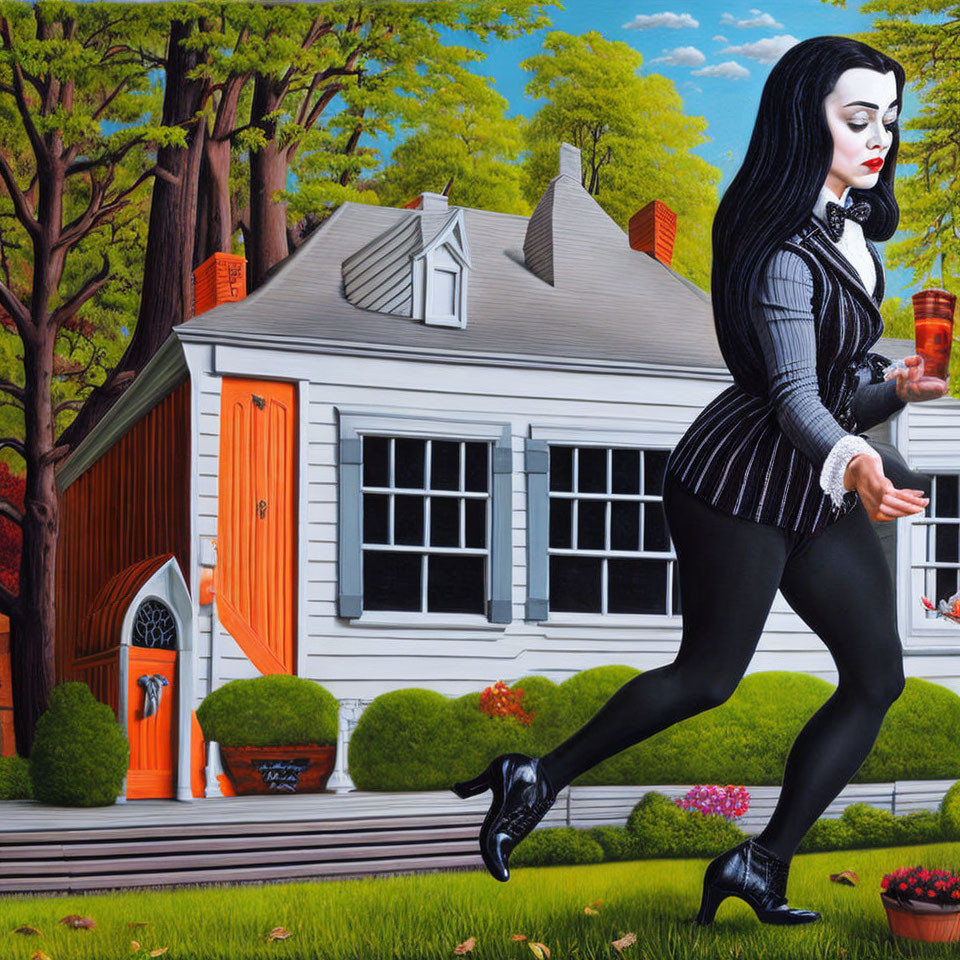 Gothic-styled woman with black hair in front of house with greenery