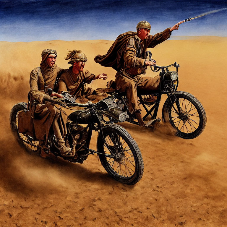 Vintage military attire trio on sidecar motorcycle in desert landscape