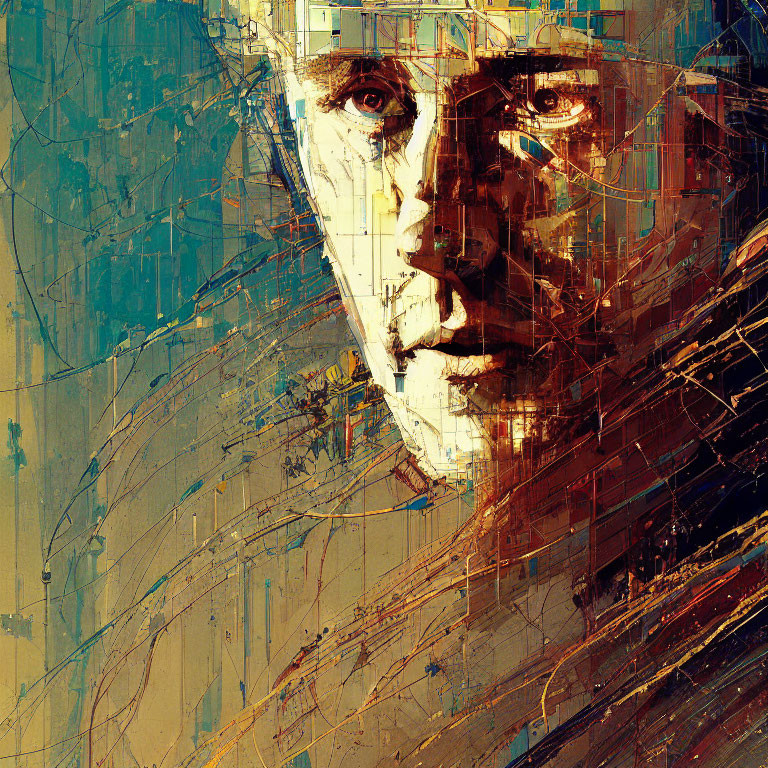 Colorful Abstract Digital Portrait with Fragmented Lines and Textured Background