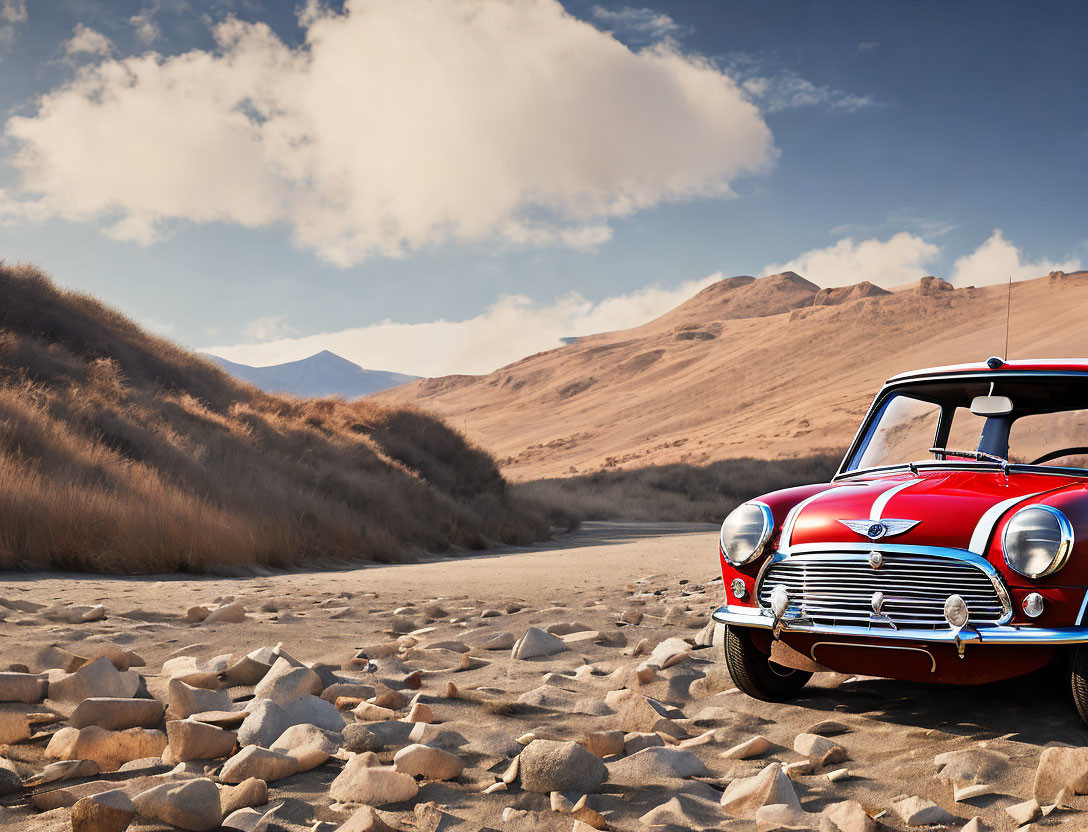 Vintage Red and White Car on Deserted Road with Rocks and Hills