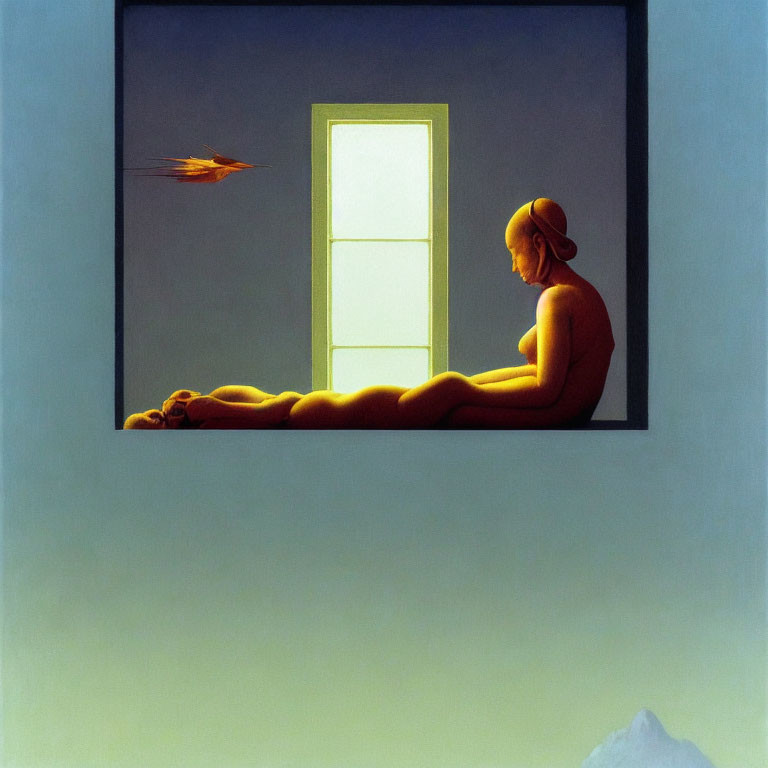 Surreal painting: person with red cap by open door, bird in sky, figure in foreground