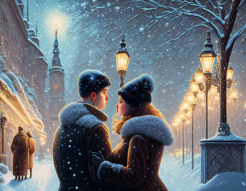 Couple in winter attire on snowy street with glowing street lamps