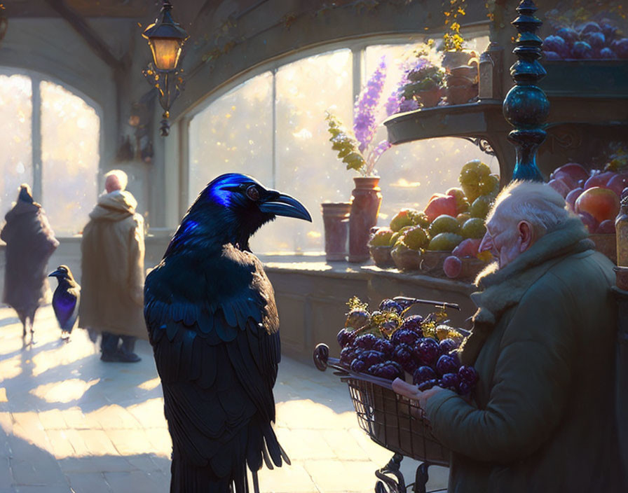 Raven on fruit market stall with elderly vendor and passersby