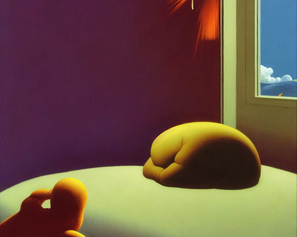 Surreal painting of seated nude figure and sleeping figure, vibrant colors and dreamy atmosphere