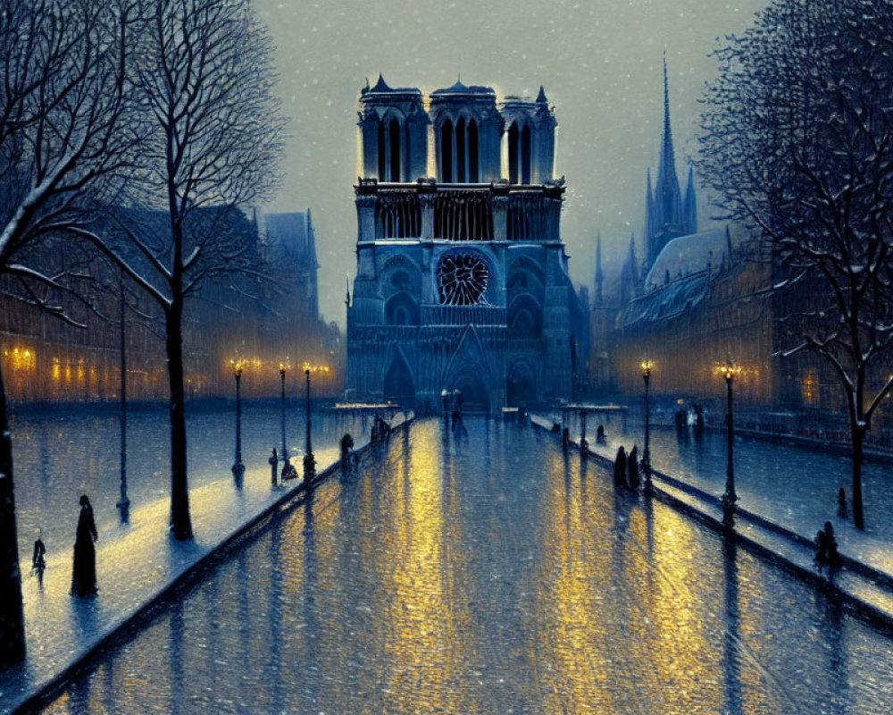 Snowy evening scene at Notre Dame Cathedral with people walking under street lights.