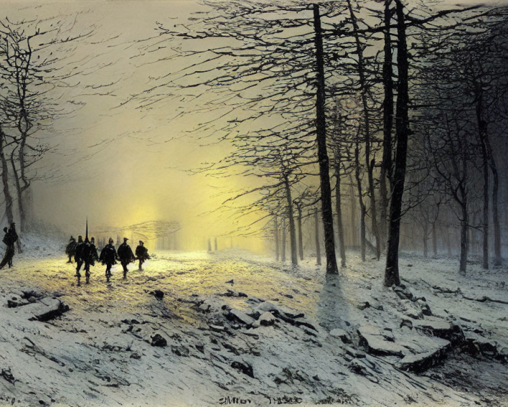 Figures walking in snowy forest at dusk with warm light on horizon