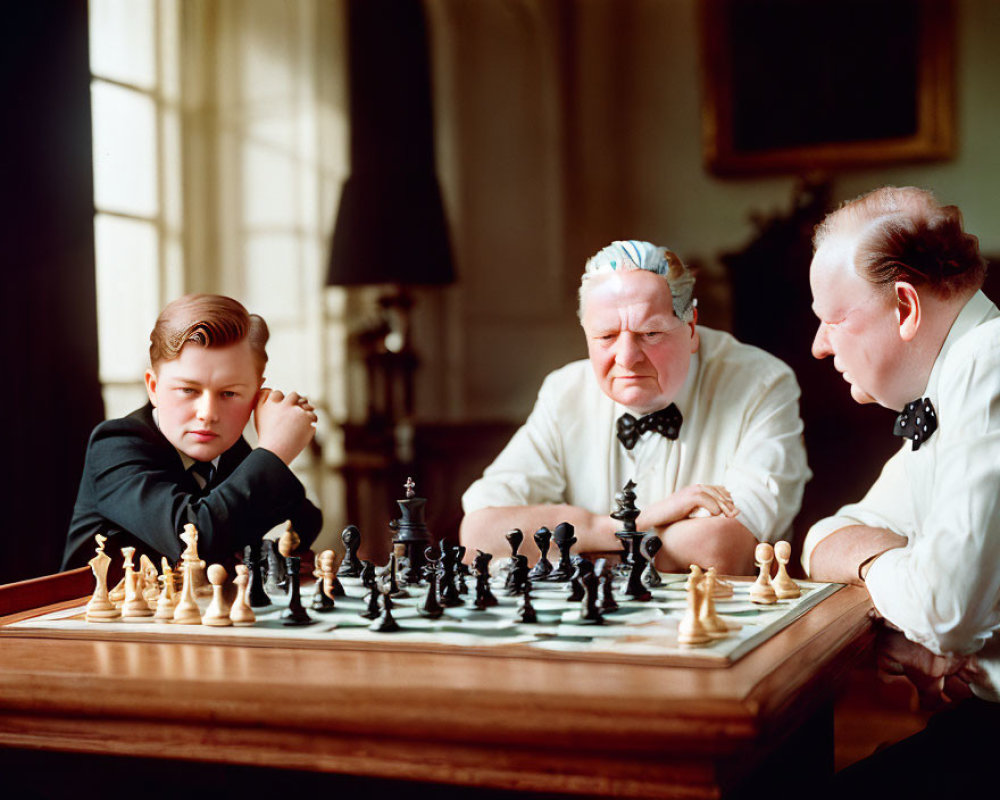 Three individuals playing chess in a traditional, well-lit room