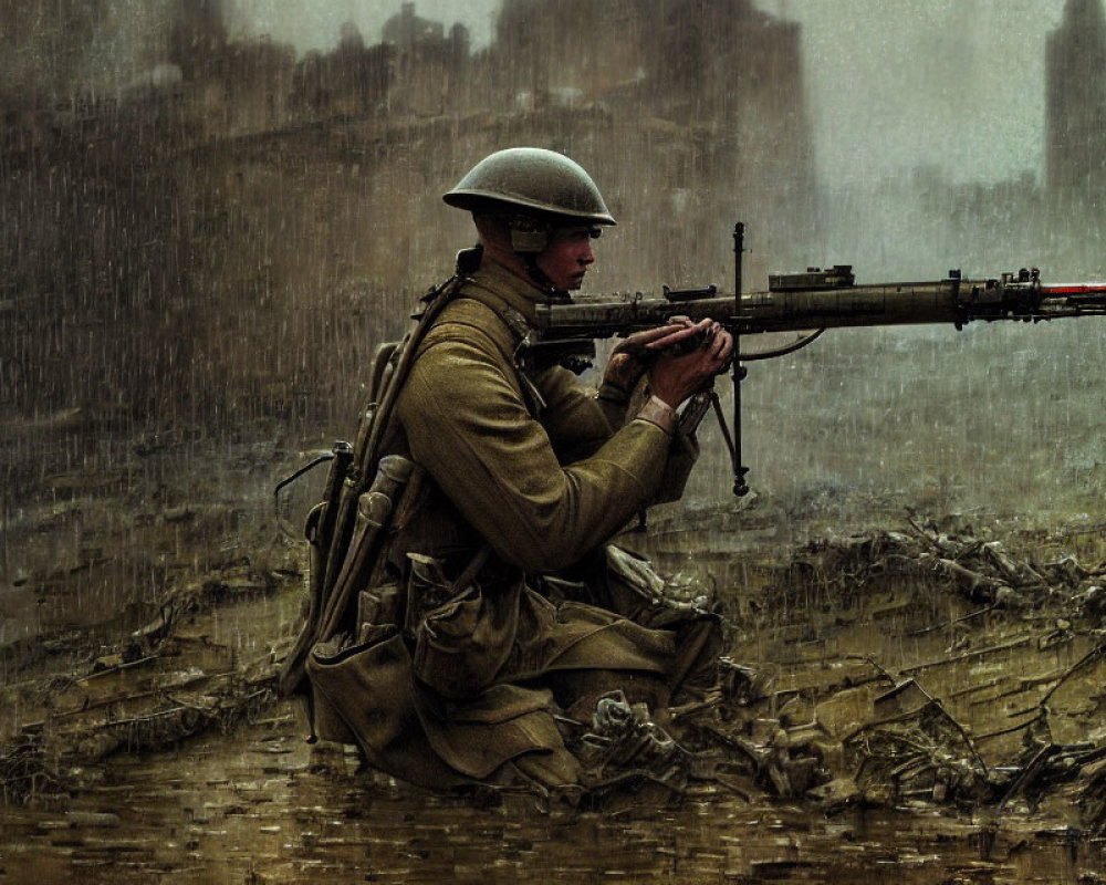Military soldier in combat gear kneeling in war-torn landscape