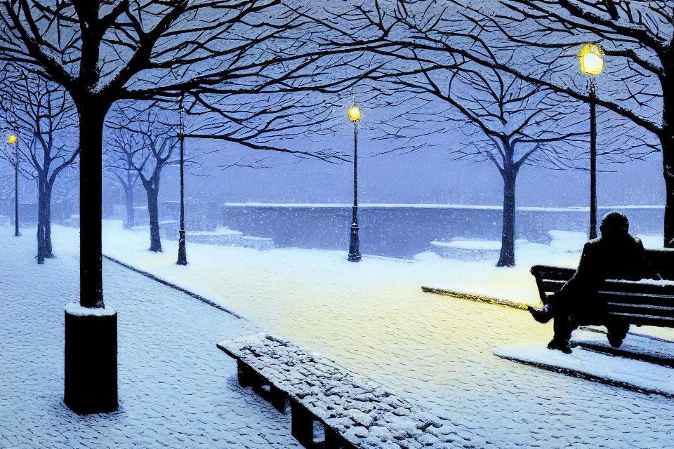 Solitary figure on park bench in snowy scene with glowing street lamps