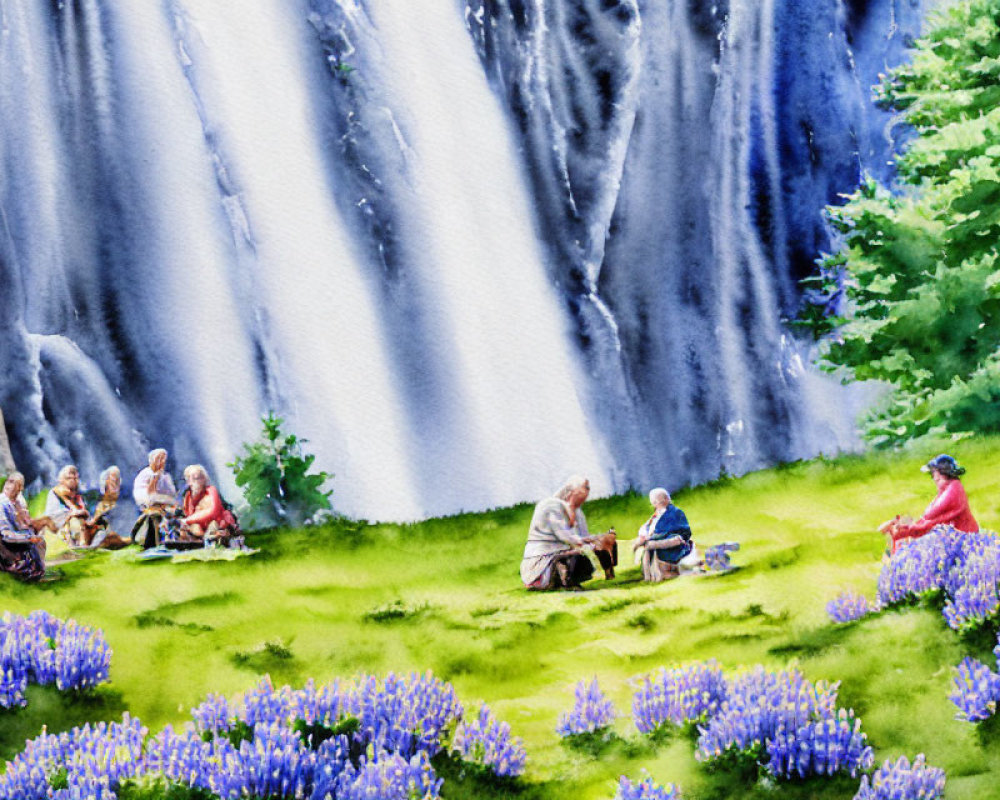 Group in traditional clothing picnicking near waterfall on lush hill