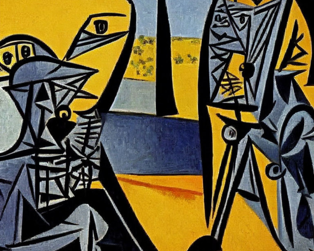 Cubist painting with distorted human figures in yellow and blue landscape